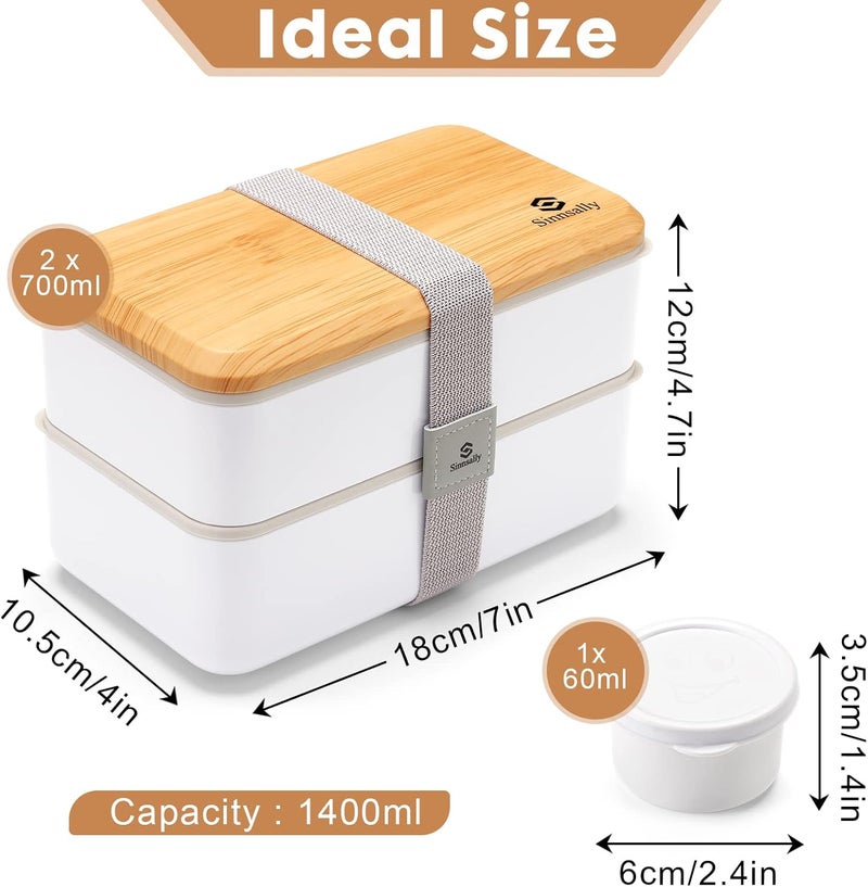 Sinnsally Lunch Box for Adult,1400ml Stackable Japanese Bento Lunch Box for Women,Lunch Containers with Food Compartments,Rectangle Bento Box with Cutlery Set,Leak-proof,Microwave Safe (White) - Image 2